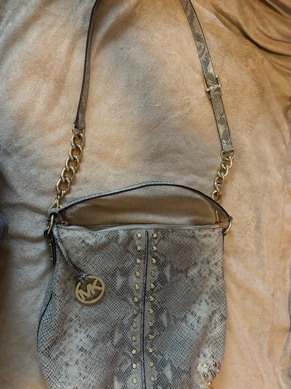 Michael Kors Gray Snake-Print Shoulder Bag with Gold Studs and Orange MK Charm